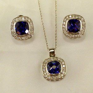 New Charles Winston Royal Blue Doublet Cubic Zirconias Silver Necklace, Earrings